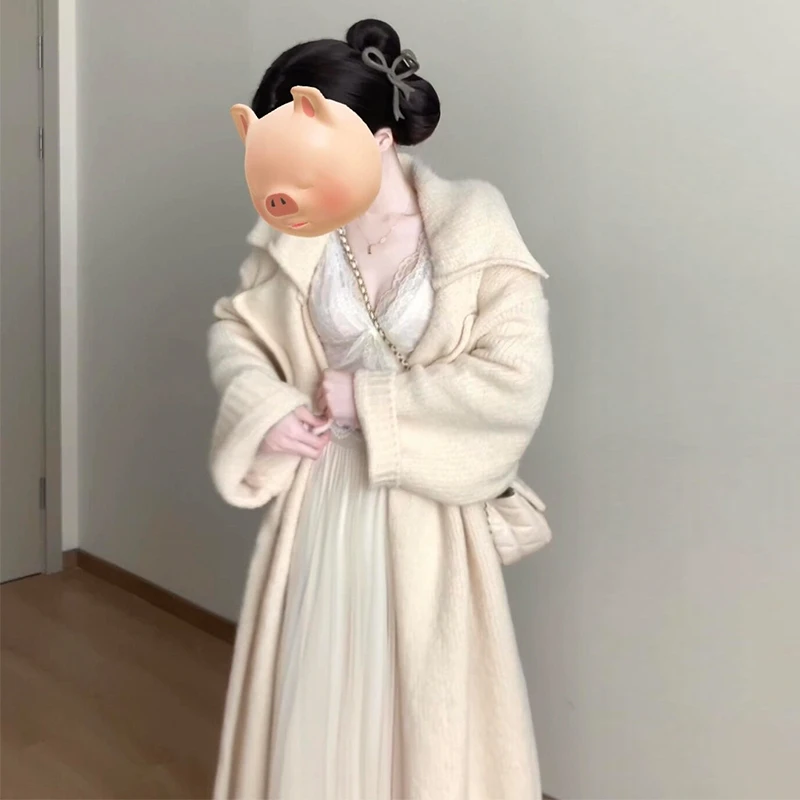 7338温柔风中长款翻领毛衣外套女秋冬2024宽松慵懒风针织开衫上衣