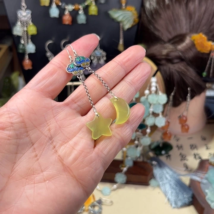 蛇纹石玉银S925镶嵌耳饰