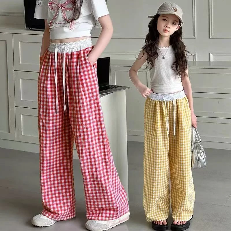 女童夏装裤子2025新款洋气女孩大童夏季薄款格子阔腿裤休闲防蚊裤