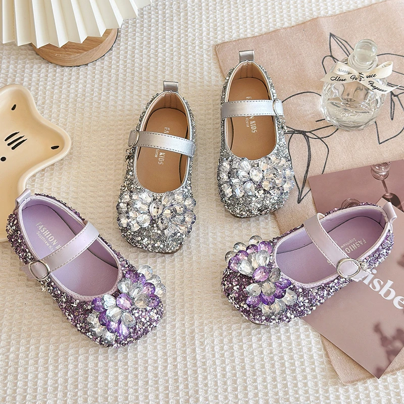 2025春季新款儿童亮钻公主鞋 紫色时尚女童鞋春秋休闲宝宝软底