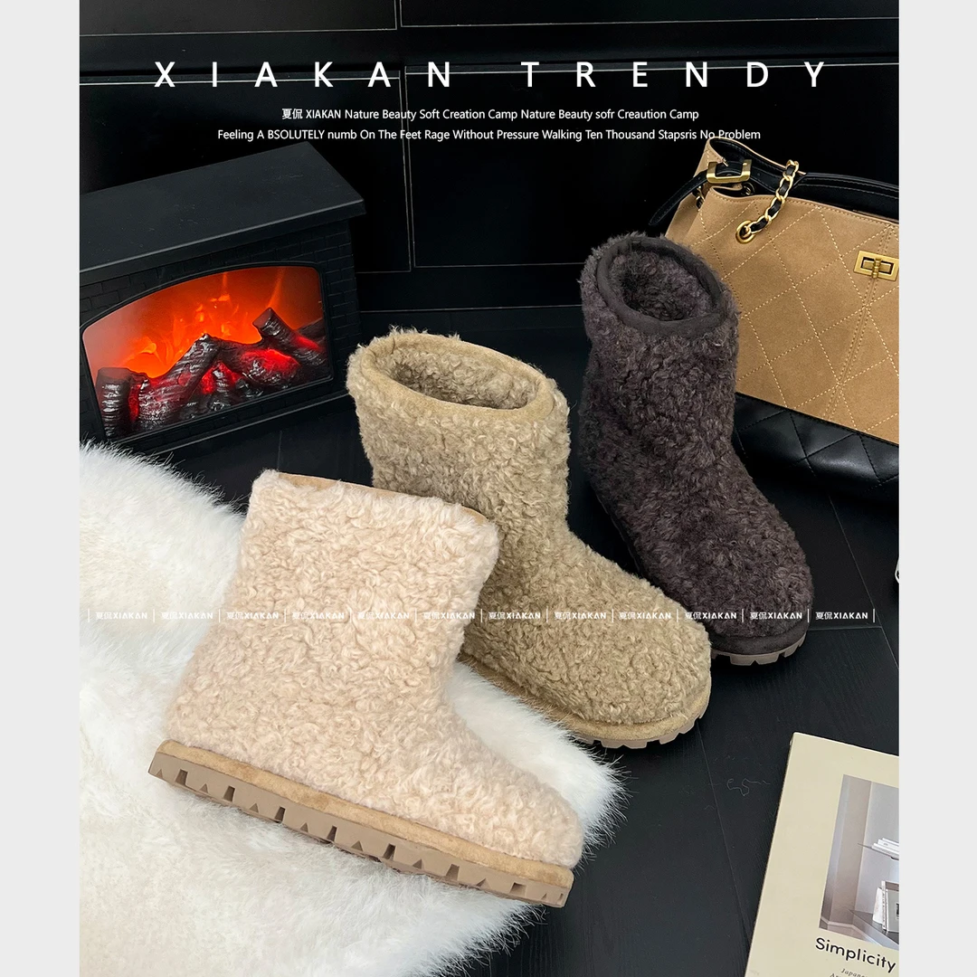 夏侃XIAKAN 6cm内增高时尚加绒毛毛短筒靴女冬季保暖百搭雪地靴潮