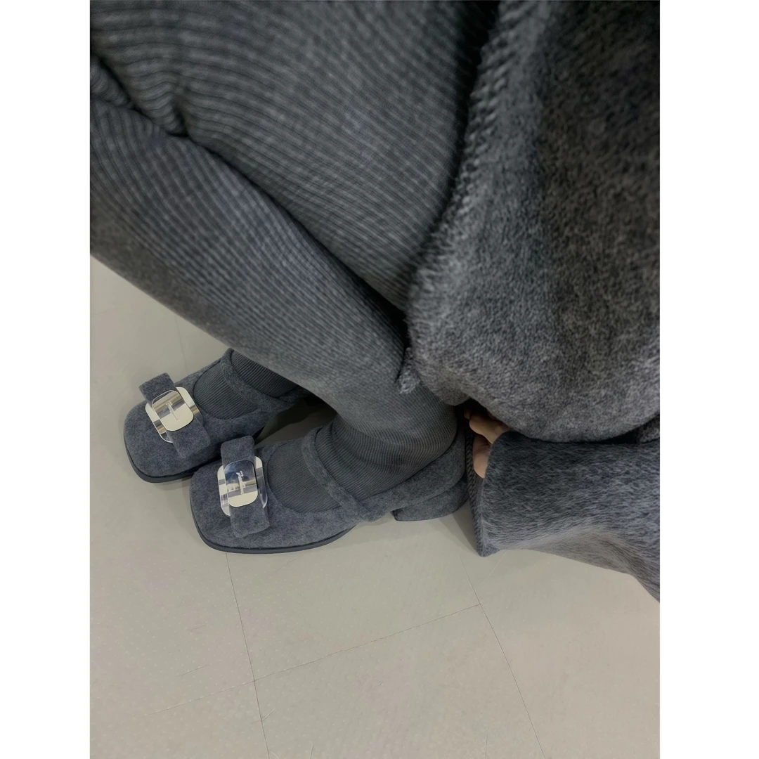 灰色毛呢玛丽珍女鞋法式气质高跟鞋2025春季新款配裙子设计感单鞋