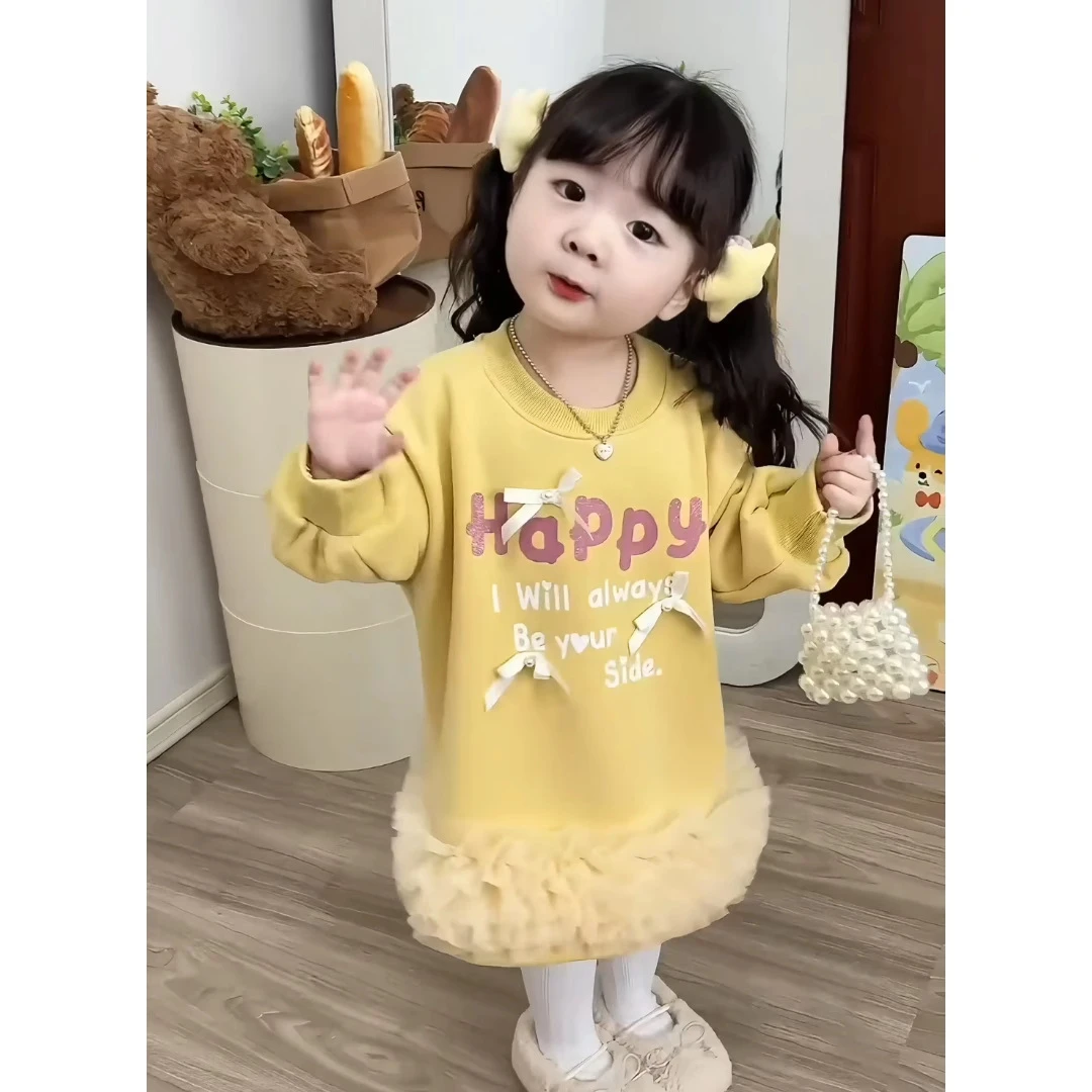 女童连衣裙秋冬款字母印花蝴蝶结加绒卫衣裙儿童网纱拼接裙子