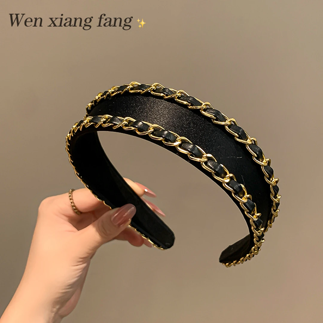 韩系金色宽边链条发箍女高颅顶显脸小压发发卡外出气质百搭头饰潮