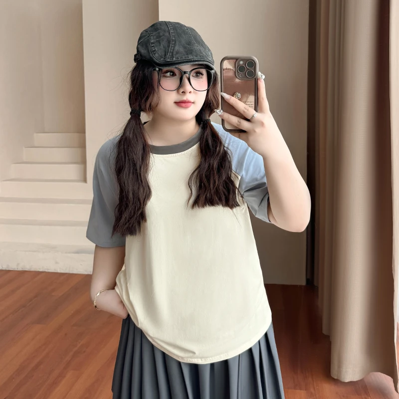 CX5656大码女装【夏日果味拼色】冰瓷棉插肩袖圆领T恤200斤显瘦上衣