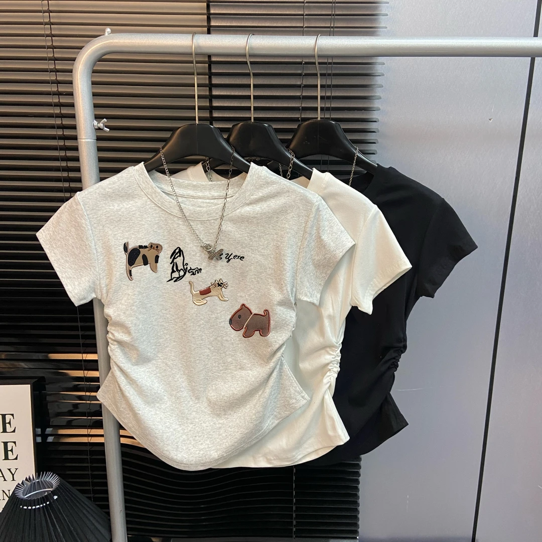 圆领褶皱收腰显瘦t恤夏季修身趣味小狗卡通上衣辣妹正肩短袖