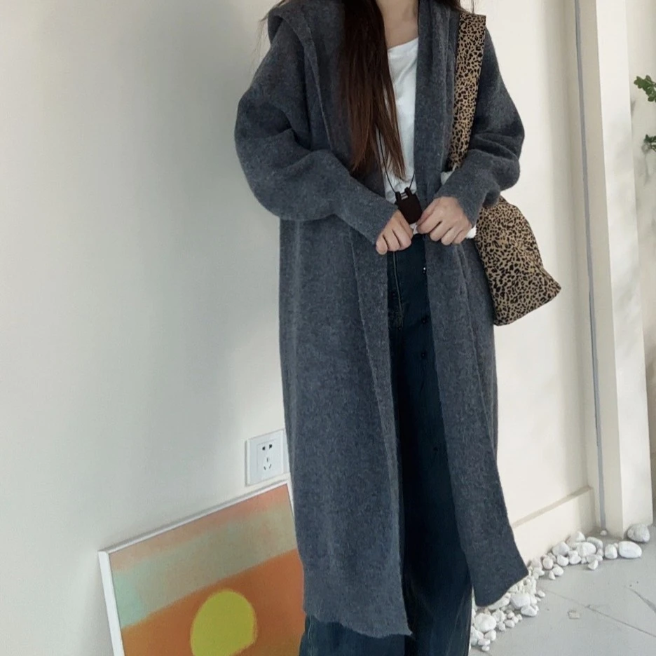 原版秋冬新款针织开衫秋季女中长款大码毛衣外套宽松连帽大衣X848