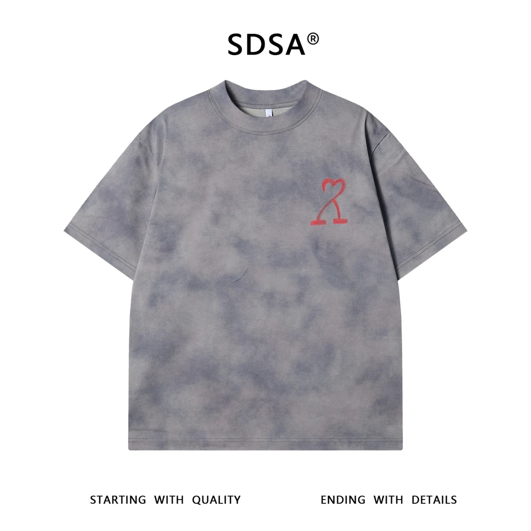 夏季高级感新款重磅彩绘印花爱心短袖T恤男痞帅宽松情侣潮流上衣