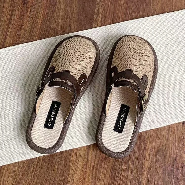 勃肯鞋夏天透气网面鞋一脚蹬亚麻包头半拖鞋女夏季外穿懒人凉拖鞋