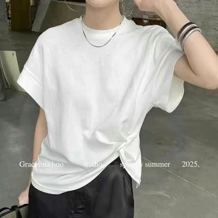 欧洲站 2025春夏新款女装 网红爆款 褶皱下摆 短袖 棉T恤