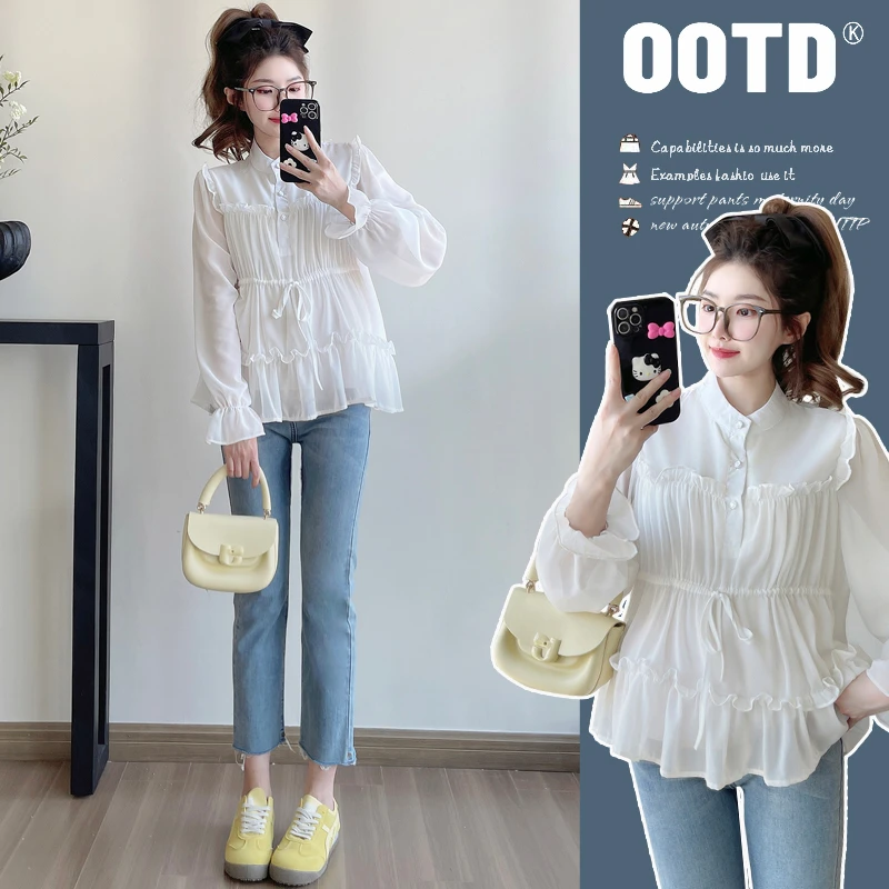 洋气孕妇装韩版显瘦2025妇宽松立领褶皱收腰时尚百搭气质潮妈上衣