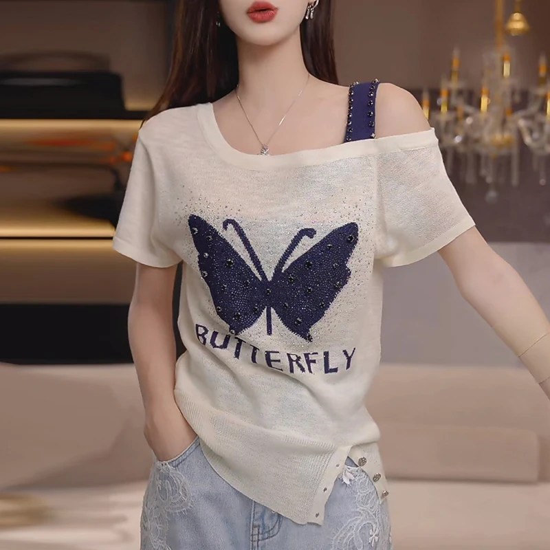 2025夏季爆款纯欲风甜美薄款烫钻蝴蝶刺绣百搭露肩短袖针织衫女士