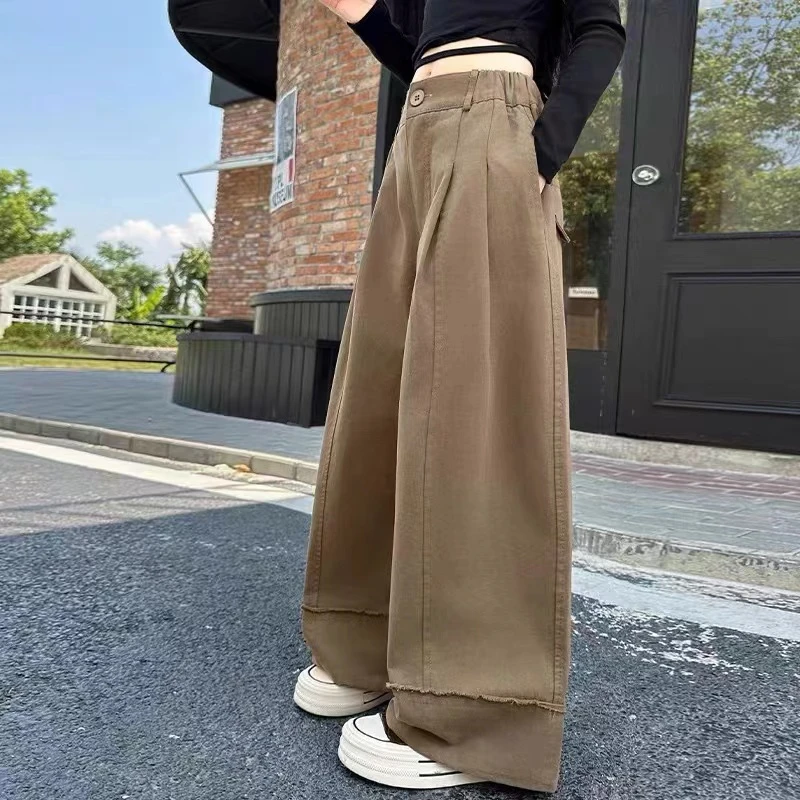 【华子粉丝专享】90103水洗牛仔棉大裤筒男友风时尚翻卷毛边休闲裤