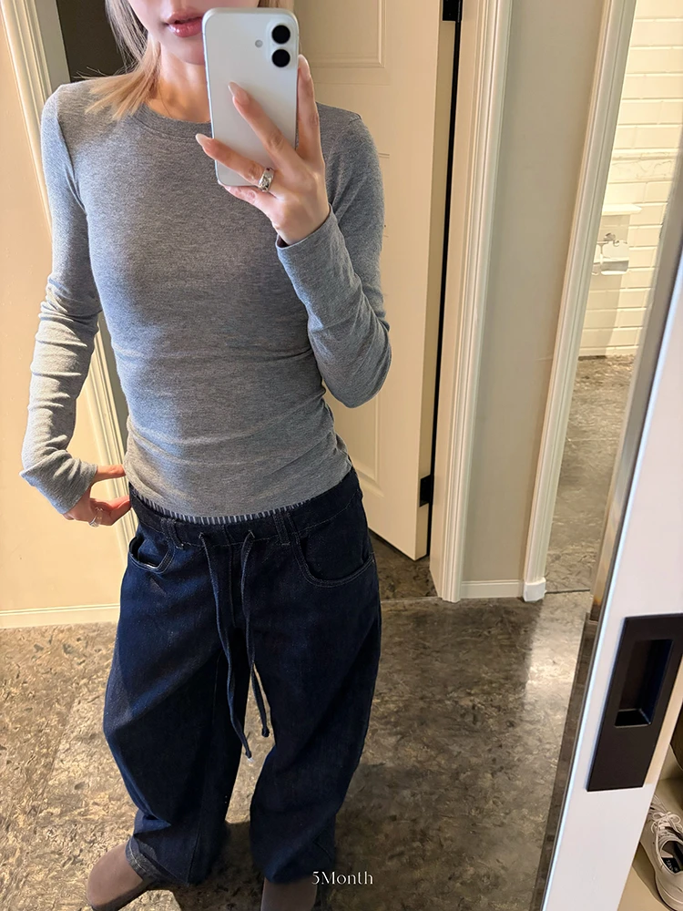 【原牛色拼接腰头】松紧腰系带牛仔裤137