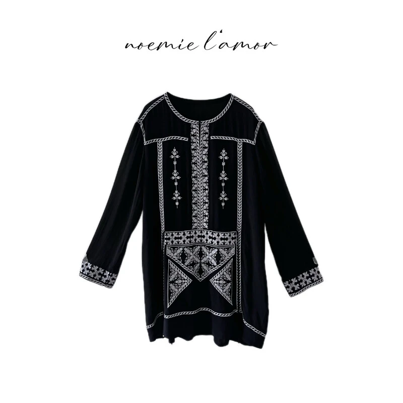 诺糸圆领长袖刺绣上衣女 2025 新款 复古文艺风宽松装饰衬衫7002