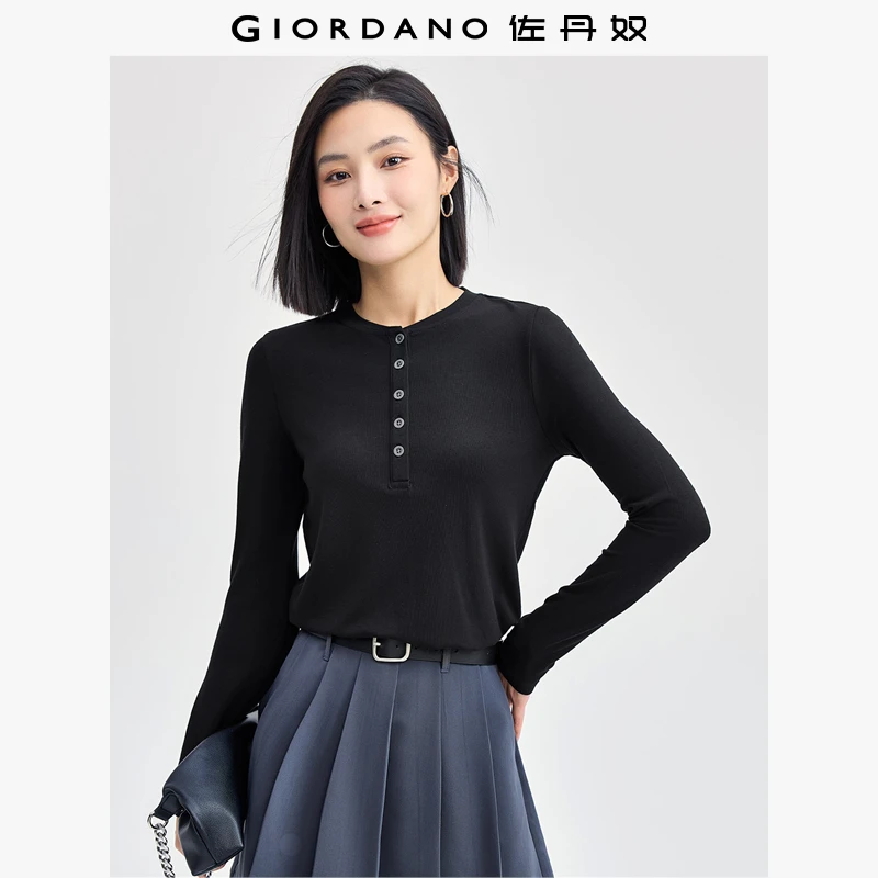 佐丹奴T恤女装亨利领修身百搭秋冬弹力长袖T恤 13324741