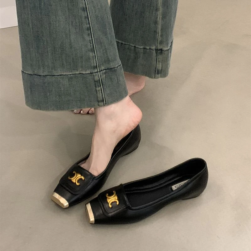 内增高单鞋女鞋2025年春秋新款方头浅口懒人一脚蹬拼色百搭豆豆鞋