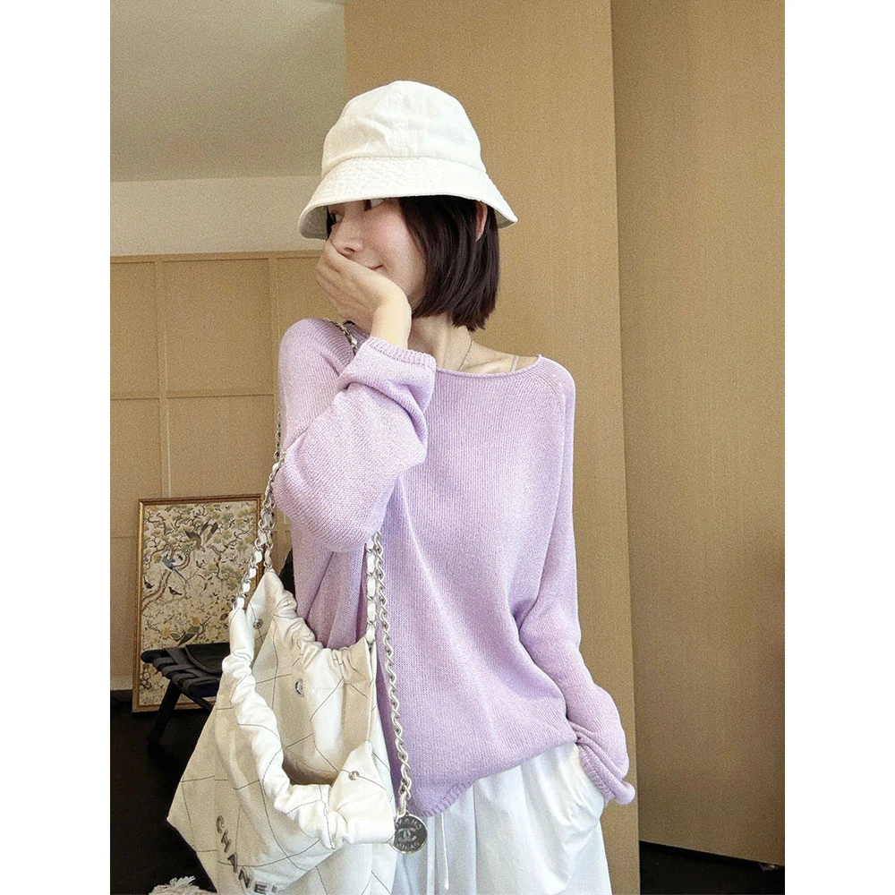 【MGDM】和纸纱自然卷边长袖防晒罩衫女薄款t恤慵懒休闲针织上衣