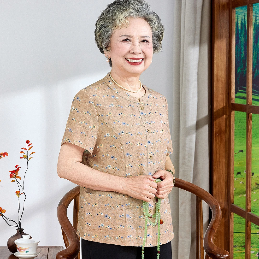 妈妈夏装短袖衬衫中老年女纯棉上衣老太太洋气老人衣服奶奶衬衣薄