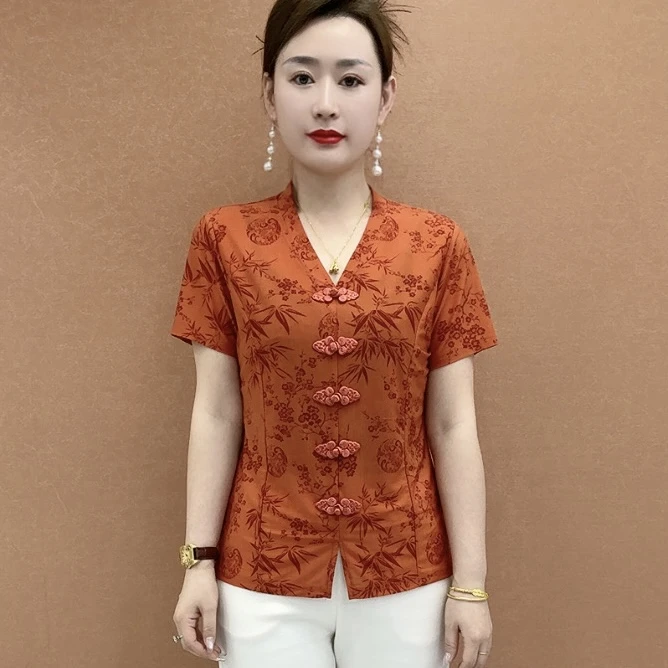 时尚洋气中老年妈妈印花上衣夏季新款短袖宽松显瘦T恤XHB1008198