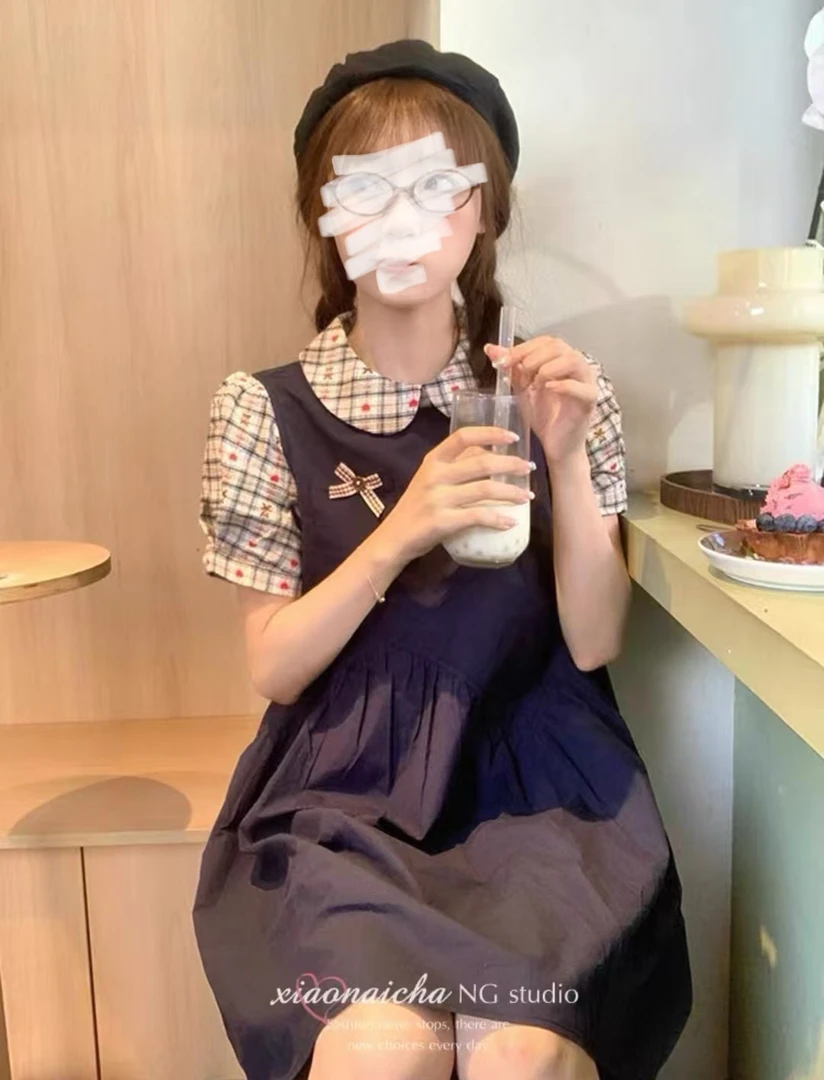 初夏季新款复古甜美学院风宽松假两件格纹拼接娃娃领连衣裙女学生