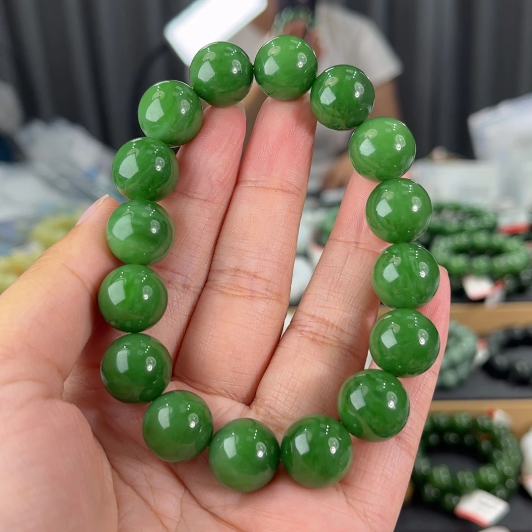 手链未镶嵌和田玉俄料碧玉阳绿卡14圆珠