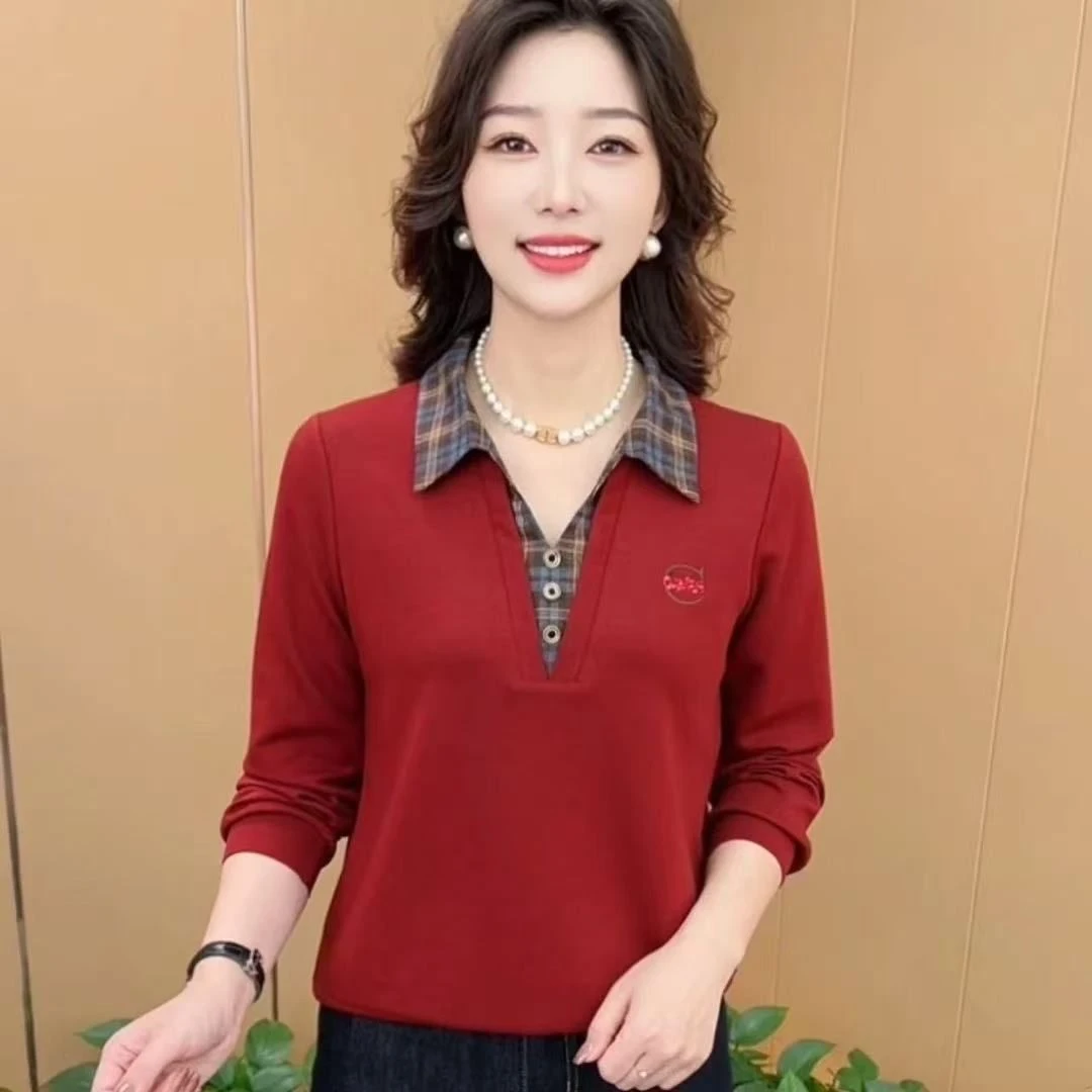宽松格子秋季t恤打底衫薄款翻领修身型中老年女装