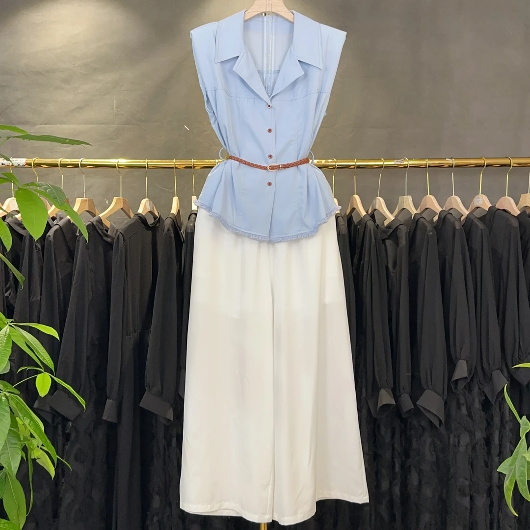 X5021 通勤气质套装夏季新款无袖收腰衬衫高腰阔腿裤两件套