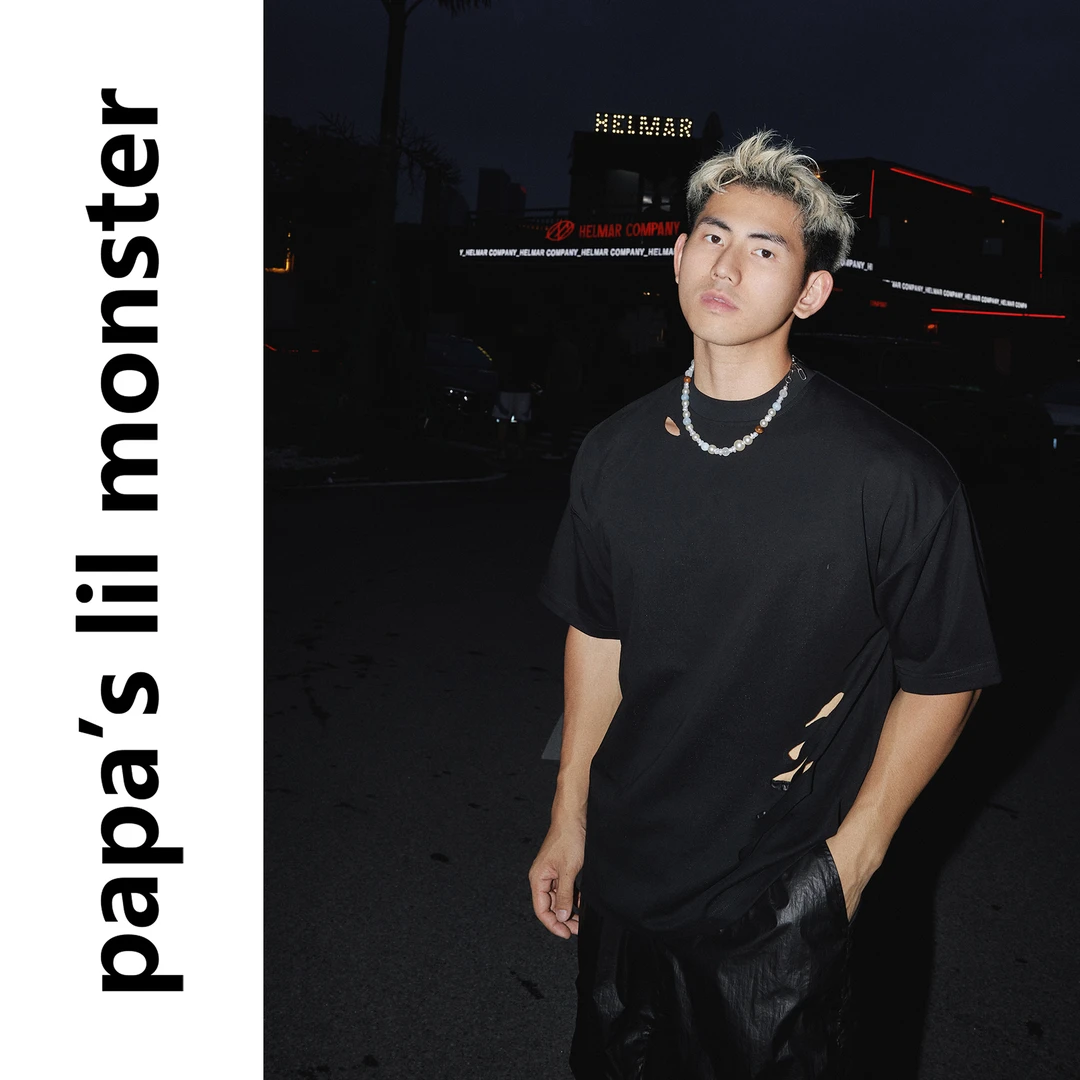 PAPASLILMONSTER【原创】美式休闲宽松破洞设计感纯色短袖T恤男