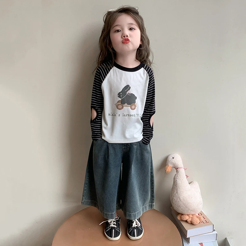 女童春季长袖T恤25新款儿童洋气百搭套装女孩韩系潮酷牛仔套装