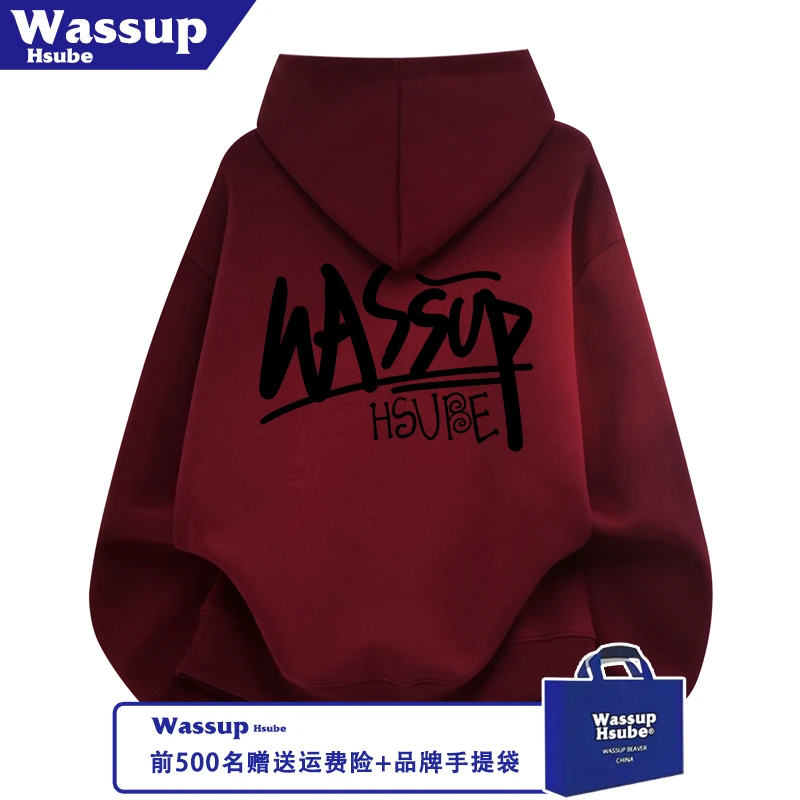 WASSUP HSUBE潮牌英文印花加绒卫衣秋冬季男女连帽套头酒红上衣