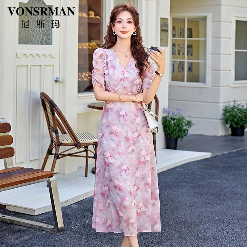 法式复古碎花连衣裙2025夏新款时尚轻熟气质V领泡泡袖修身茶歇裙