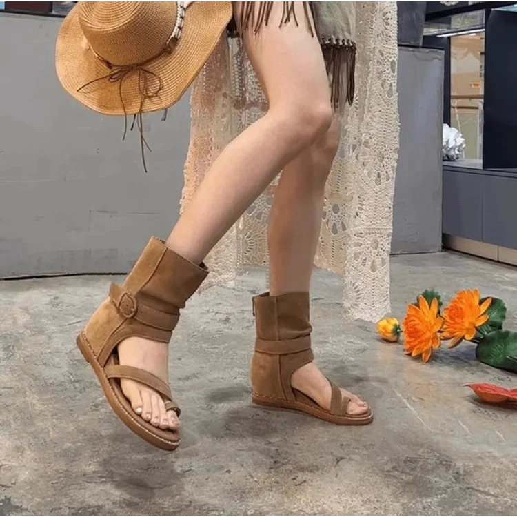 复古夹脚平底凉鞋女款夏季2025新款百搭超火裤管夹趾短筒罗马凉靴