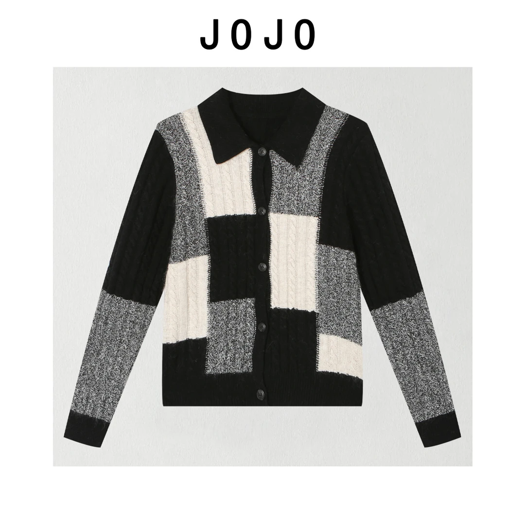 玖了个玖 2025冬款 极简百搭几何撞色拼接POLO领针织衫 2512C9061