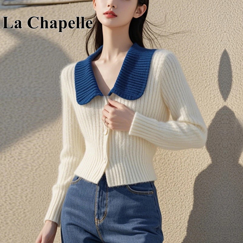 拉夏贝尔超好看白色翻领长袖针织毛衣女秋冬款独特小香风内搭上衣