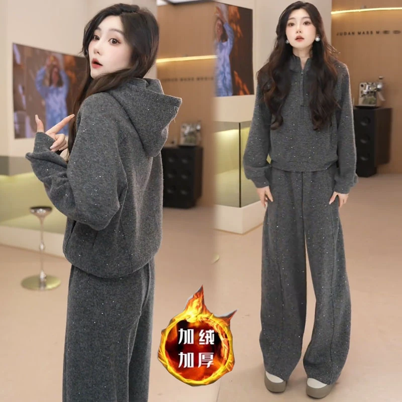 加绒加厚休闲套装女2025秋冬新款时髦半拉链连帽卫衣运动裤两件套