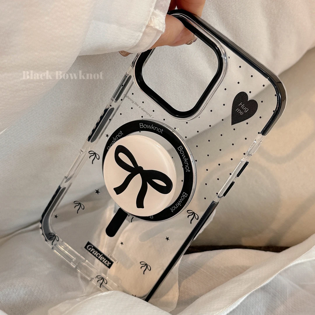 波点蝴蝶结磁吸支架适用iPhone16手机壳15Promax透明13高级12防摔