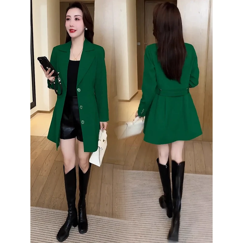 拉夏贝尔时尚西装外套女2025春秋新款洋气显瘦收腰中长风衣上衣