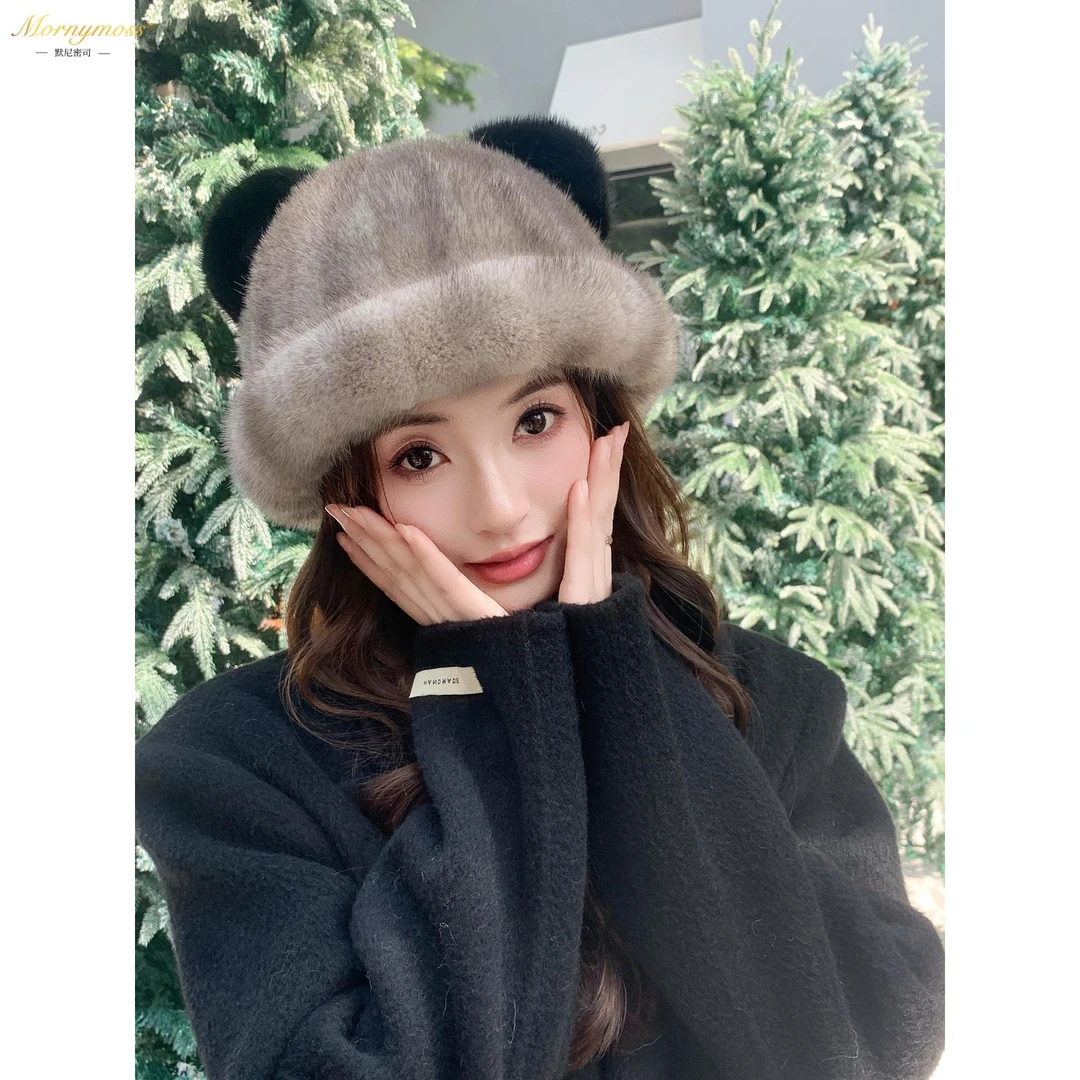默尼密司品牌可爱的熊耳朵水貂皮毛渔夫帽女2025韩版保暖皮草帽子