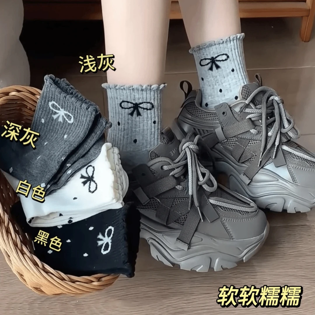 新款潮ins秋冬堆堆袜波点蝴蝶结百搭袜子网红中筒女袜花边中筒袜