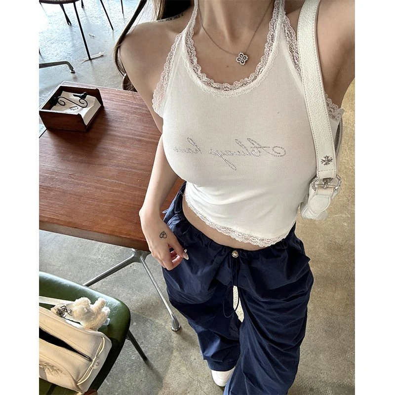 titi小姐姐【夏日有氧】吊带背心女外穿短款别致甜辣挂脖黑色上衣