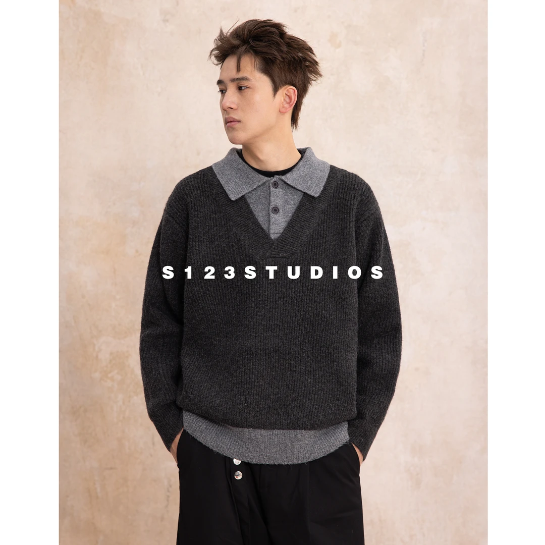 重磅假两件polo领拼接撞色针织毛衣男女复古慵懒风保暖上衣