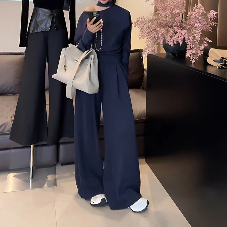 春秋穿搭一整套斜肩半高领T恤上衣西装阔腿裤显瘦气质两件套装潮