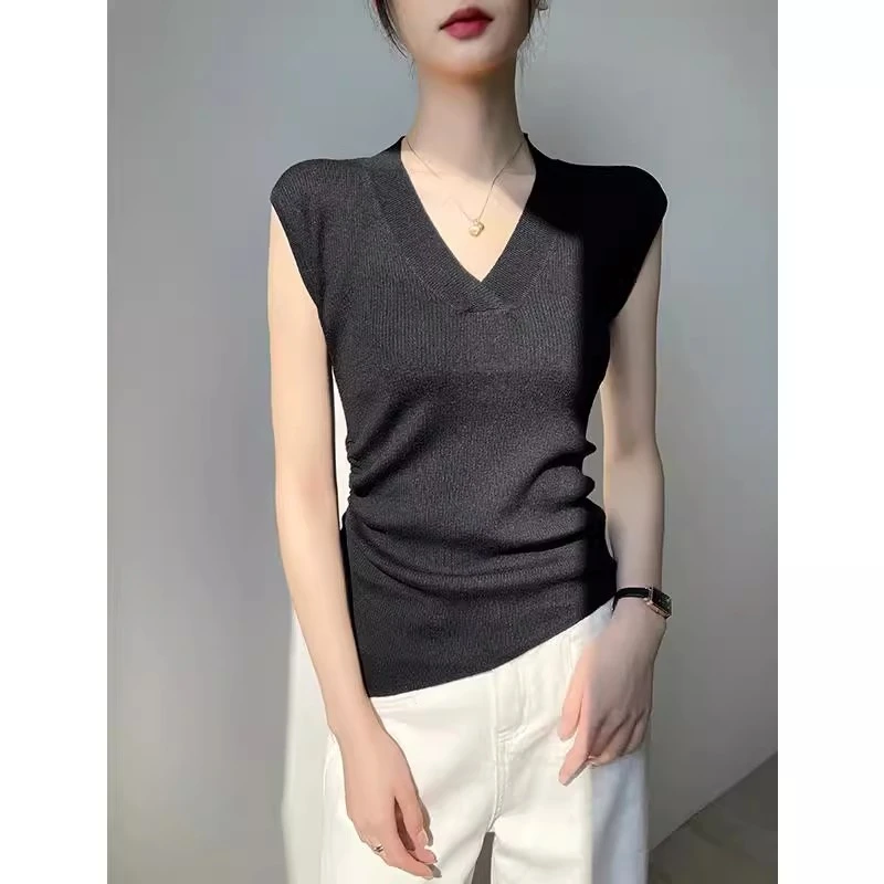 v领黑色打底衫女春夏时尚设计感短袖针织上衣别致T恤2025新款休闲