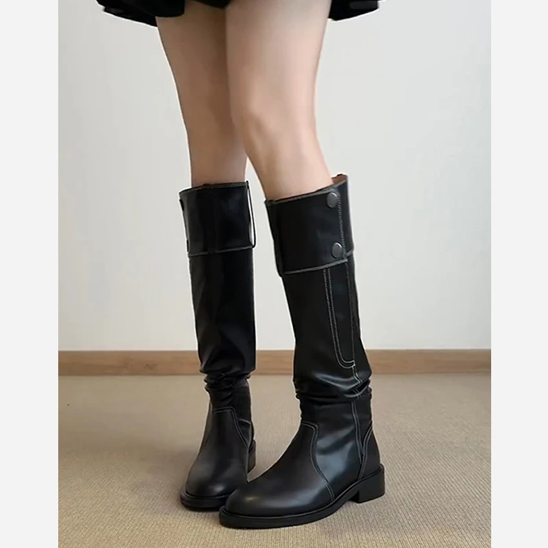 羊皮版~圆头粗跟显瘦骑士靴女秋冬英伦风气质百搭长筒褶皱堆堆靴