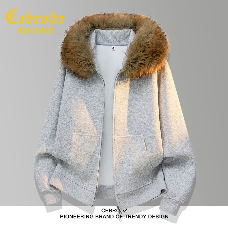 法国Cebrodz复古毛领开衫连帽卫衣外套男潮牌时尚宽松毛领上衣