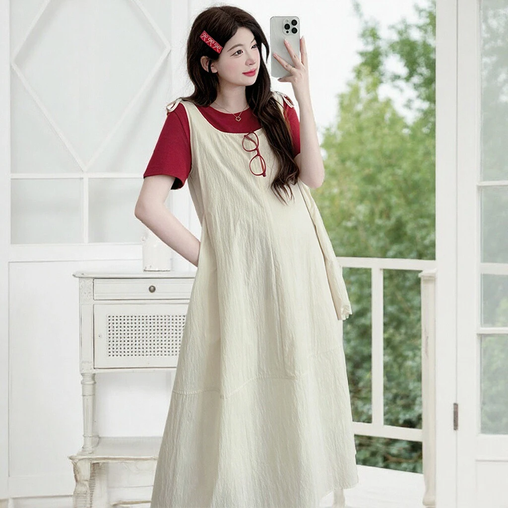 孕妇装2025新款韩系减龄背带裙夏季小个子宽松上衣连衣裙两件套装