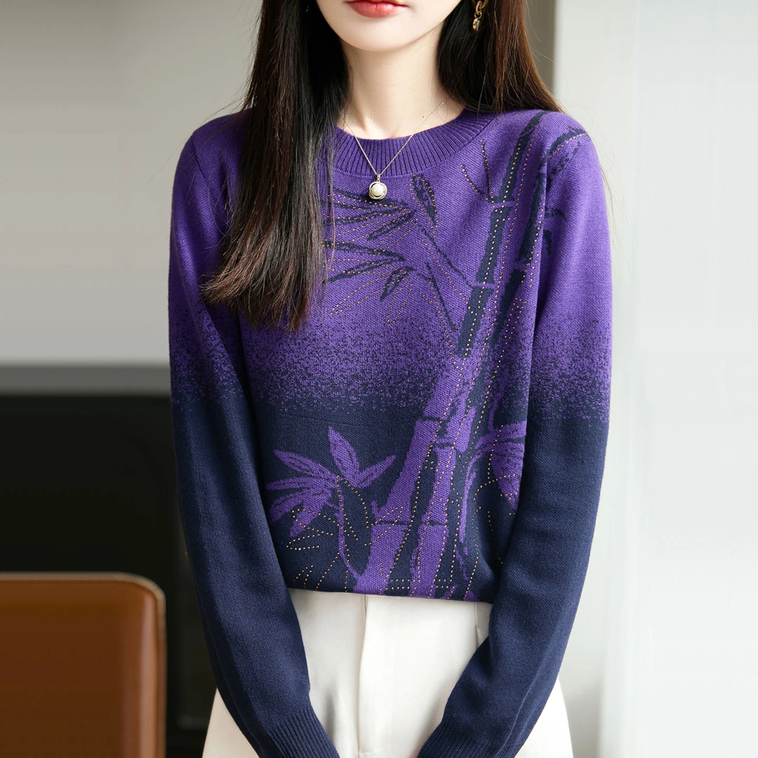 秋冬新款圆领拼色羊毛打底衫女时尚百搭显瘦气质宽松减龄针织上衣