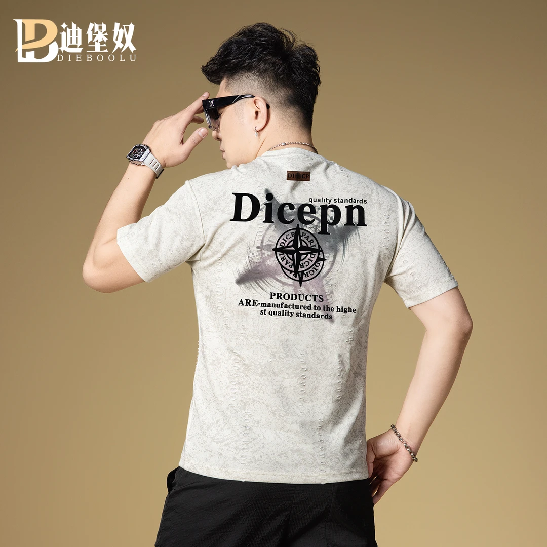 欧洲站2025新款夏季破洞暗纹字母印花休闲潮牌宽松休闲短袖T恤男