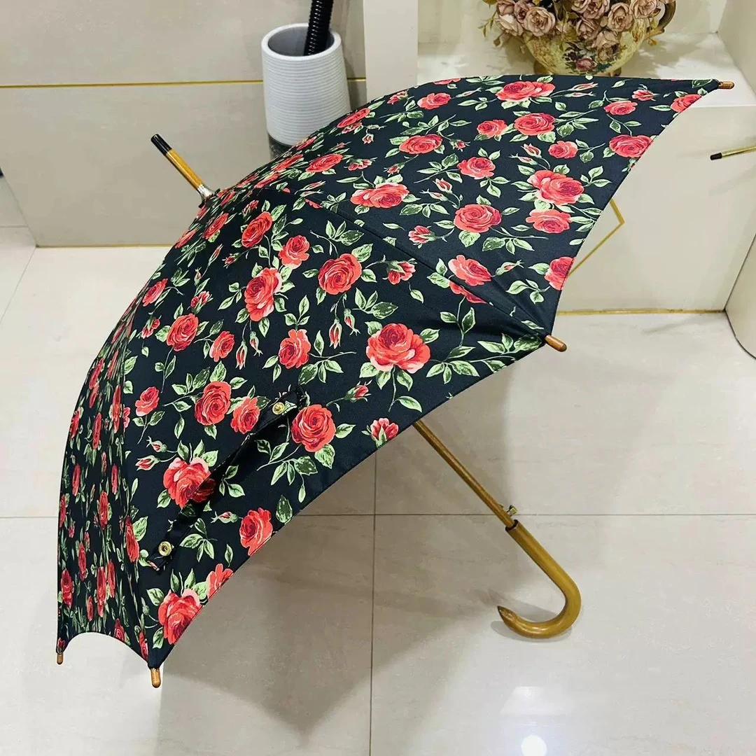 尾单木手柄随机日本半自动弯钩长柄伞复古玫瑰花雨伞防紫外线女神